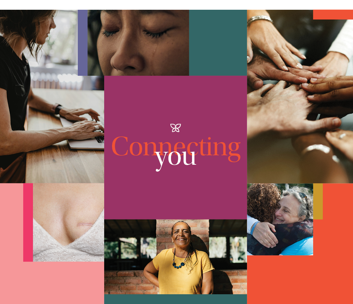Collage of images of people with breast cancer around the words "Connecting you"