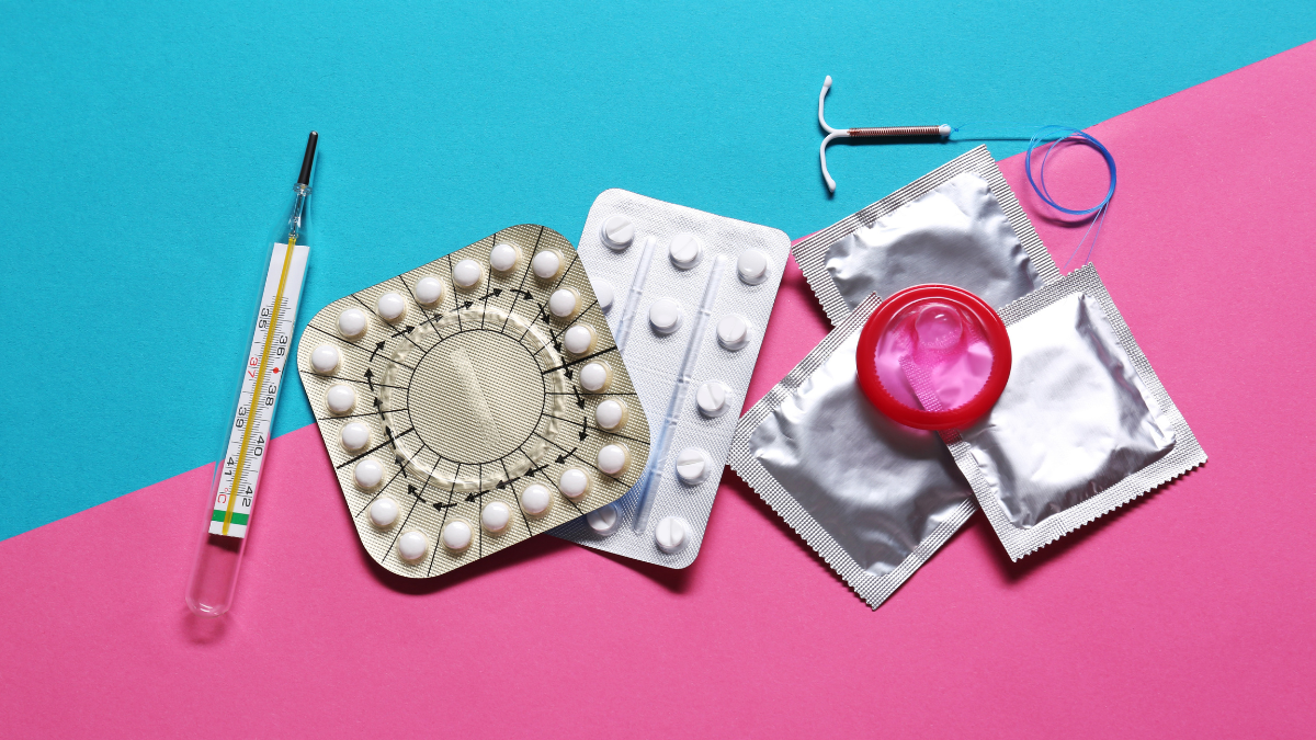 Various contraceptive devices including condoms, an IUD, and birth control pills.