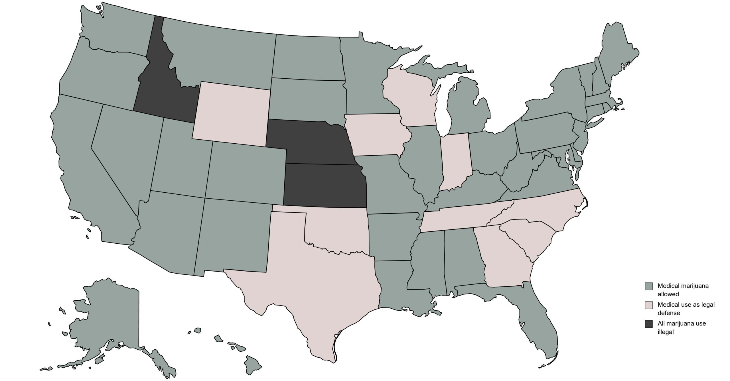 Map of the United States showing which states allow medical marijuana use or allow medical use as a legal defense, and where all marijuana use is illegal.