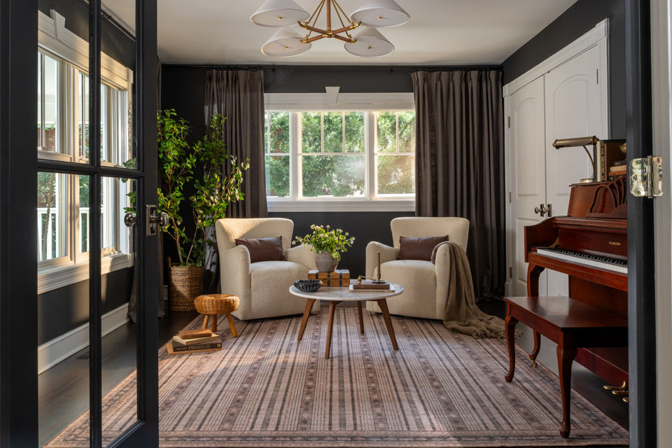 Ellis rug in a moody dining room