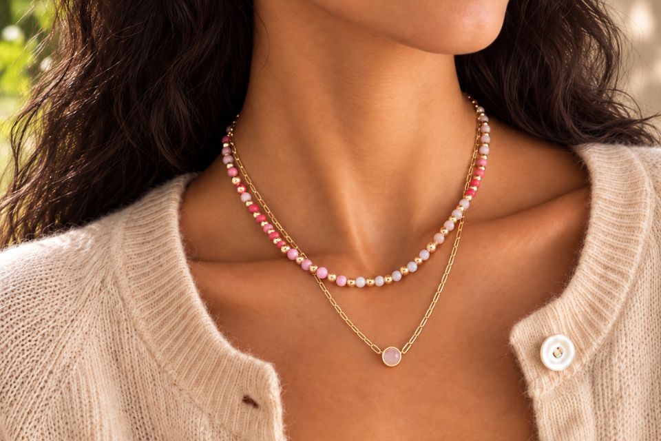 A Latina woman wearing two pink necklaces