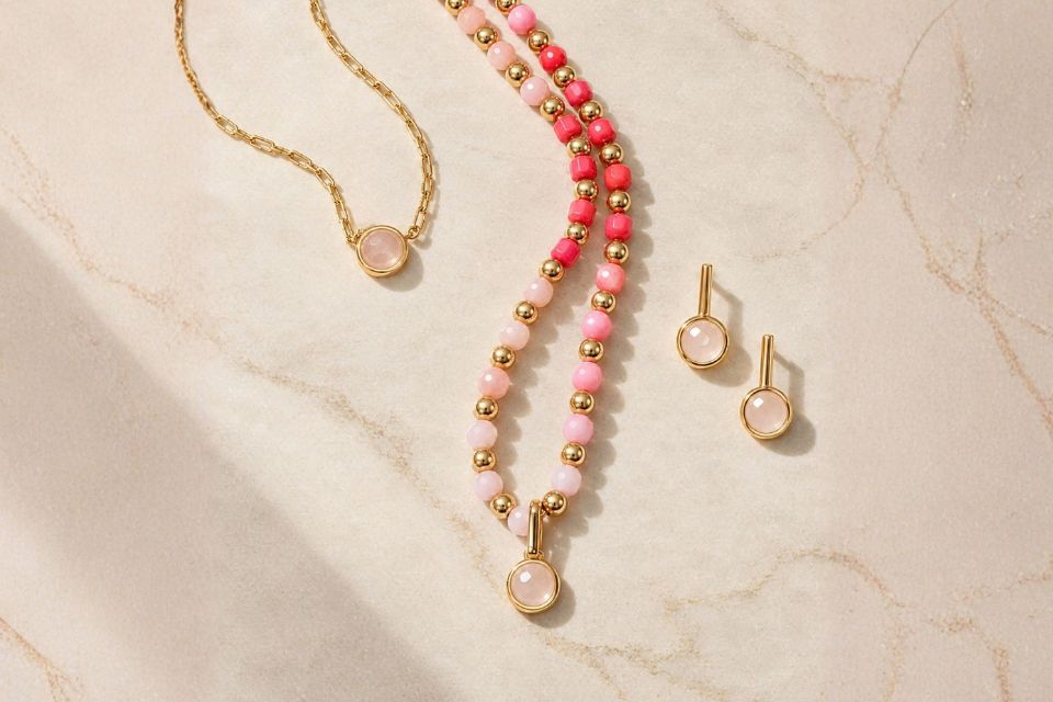 Two gold necklaces with pink beads and a pair of gold earrings with pink beads