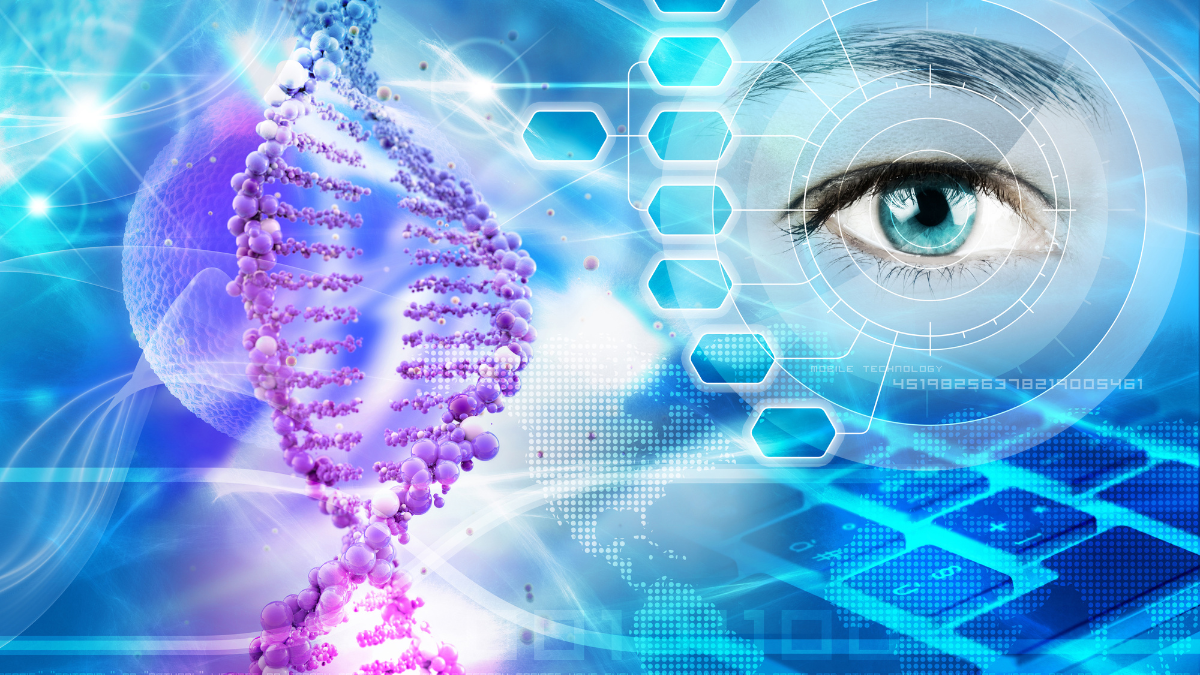 Stylized stock image of DNA strands, a computer keyboard, and a person's face