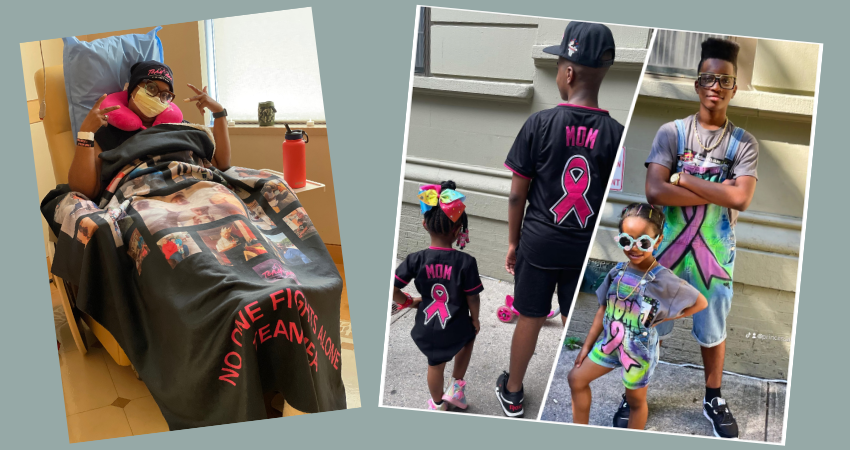 Collage of Michelle in a hospital chair and her two kids posing for the camera in clothing featuring pink breast cancer ribbons