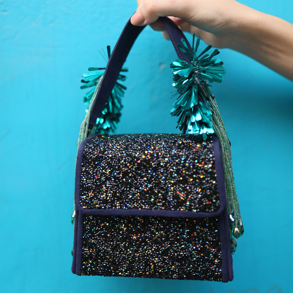 A black sparkly purse