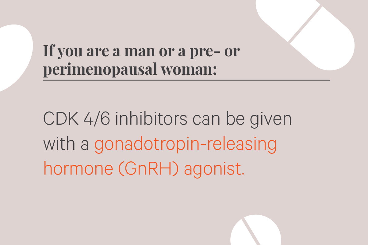 If you are a man or a pre- or perimenopausal woman: CDK 4/6 inhibitors can be given with a gonadotropin-releasing hormone (GnRH) agonist