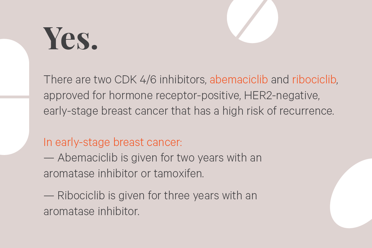 Yes. There are two CDK 4/6 inhibitors, abemaciclib and ribociclib, approved for hormone receptor-positive, HER2-negative, early-stage breast cancer that has a high risk of recurrence. In early-stage breast cancer: abemaciclib is given during the first 2 years of treatment with an aromatase inhibitor or with tamoxifen. Ribociclib is given for three years with an aromatase inhibitor.