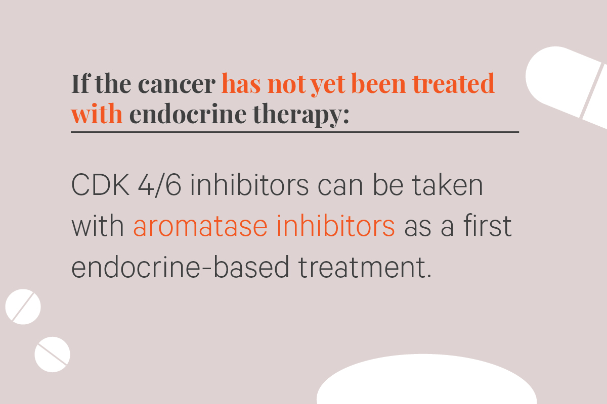 If the cancer has not yet been treated with endocrine therapy: CDK 4/6 inhibitors can be taken with aromatase inhibitors as a first endocrine-based treatment.