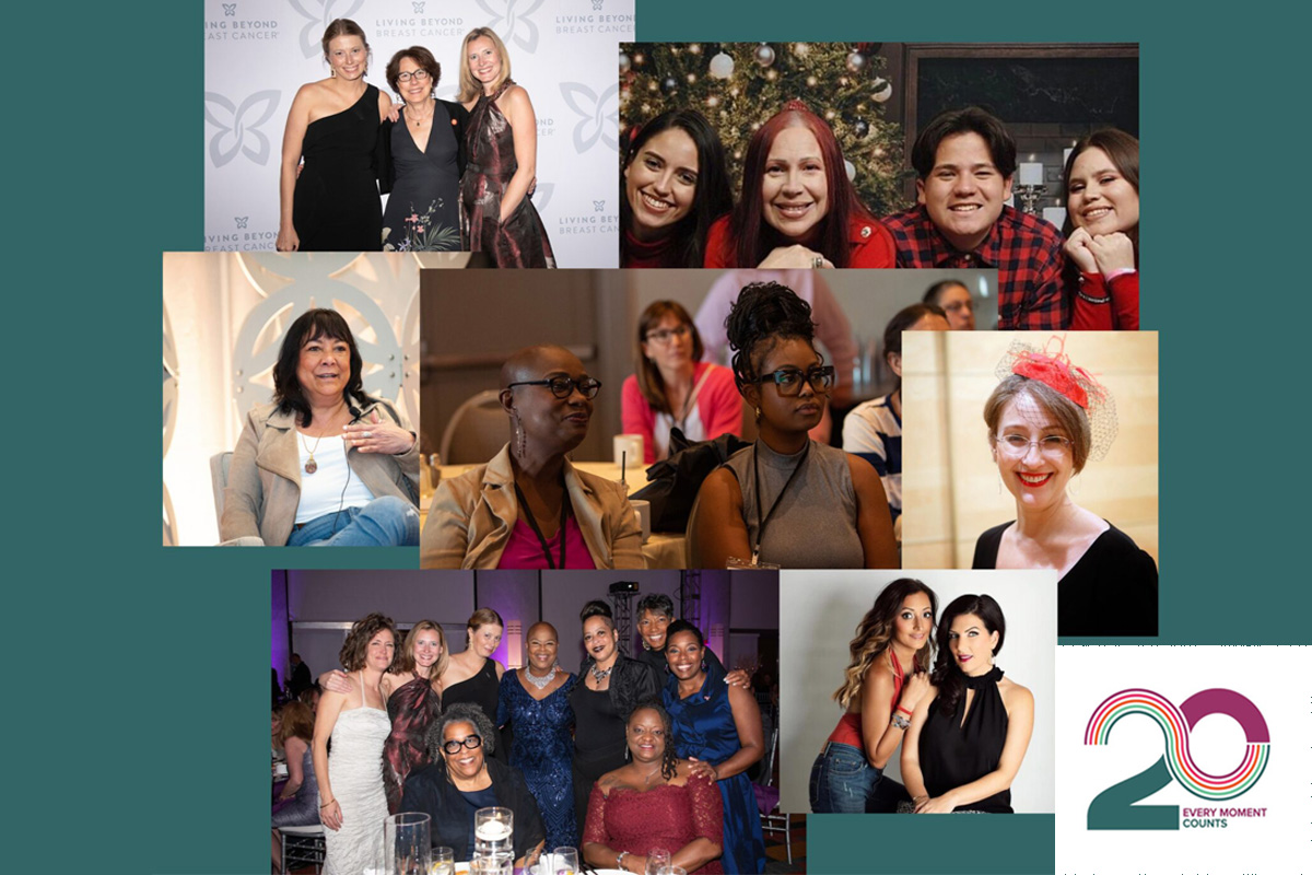 Diverse collage of photos of metastatic breast cancer advocates with LBBC's 20th conference anniversary logo.