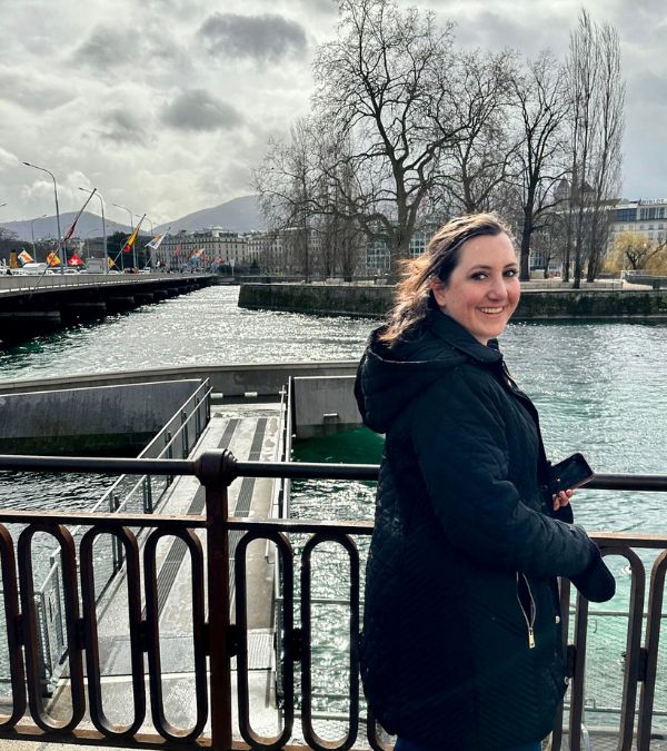 Lisa Francis stands by a Swiss waterfront