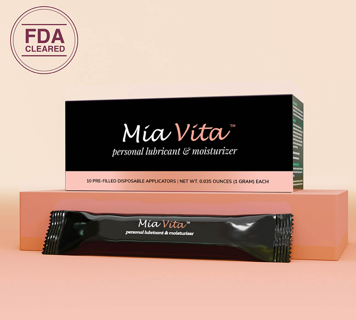 Product image of Mia Vita personal lubricant and moisturizer box and tubes; a seal at the top of the image says 