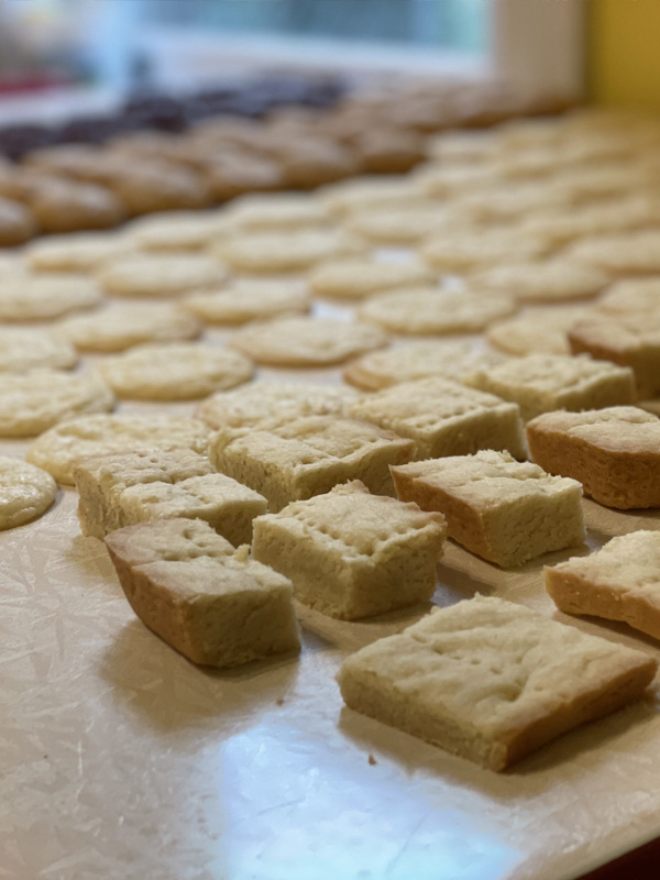 rows of cookies on a countertop