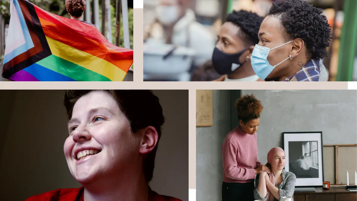 Image collage of LGBTQIA+ pride flag, black gay couple, white trans man, and an interracial lesbian couple.