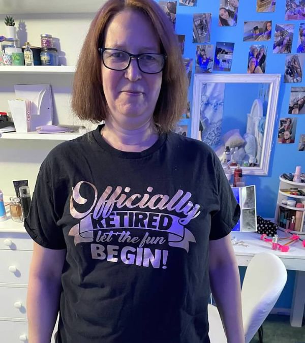 Aliza Feldman wears a retirement t-shirt