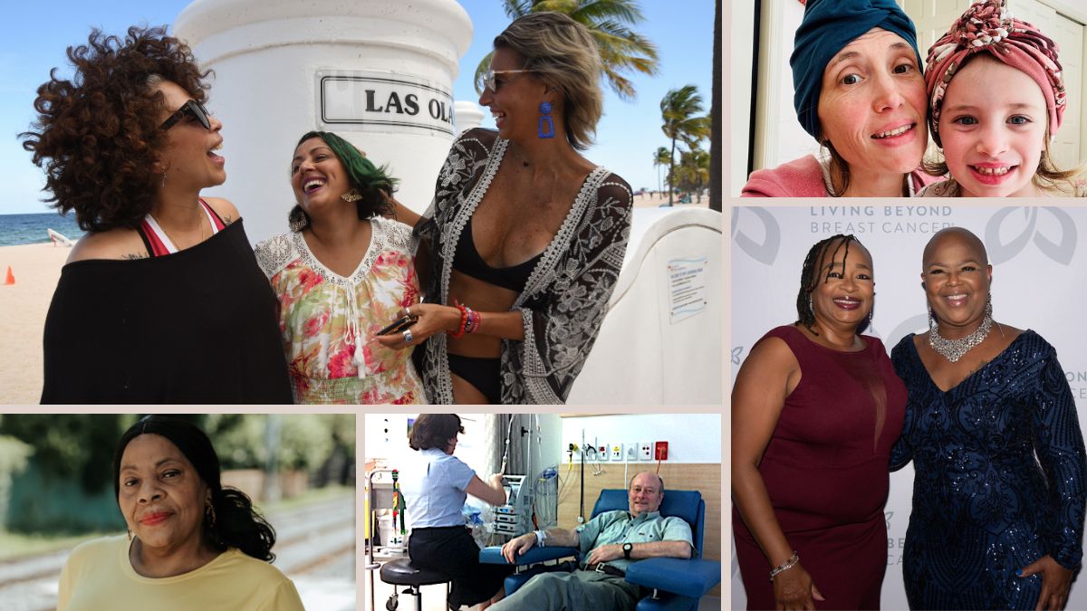 Collage of various people who have experienced breast cancer in various activities