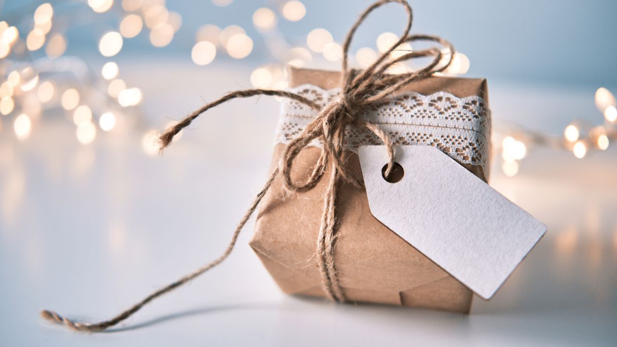Wrapped gift under twinkle lights