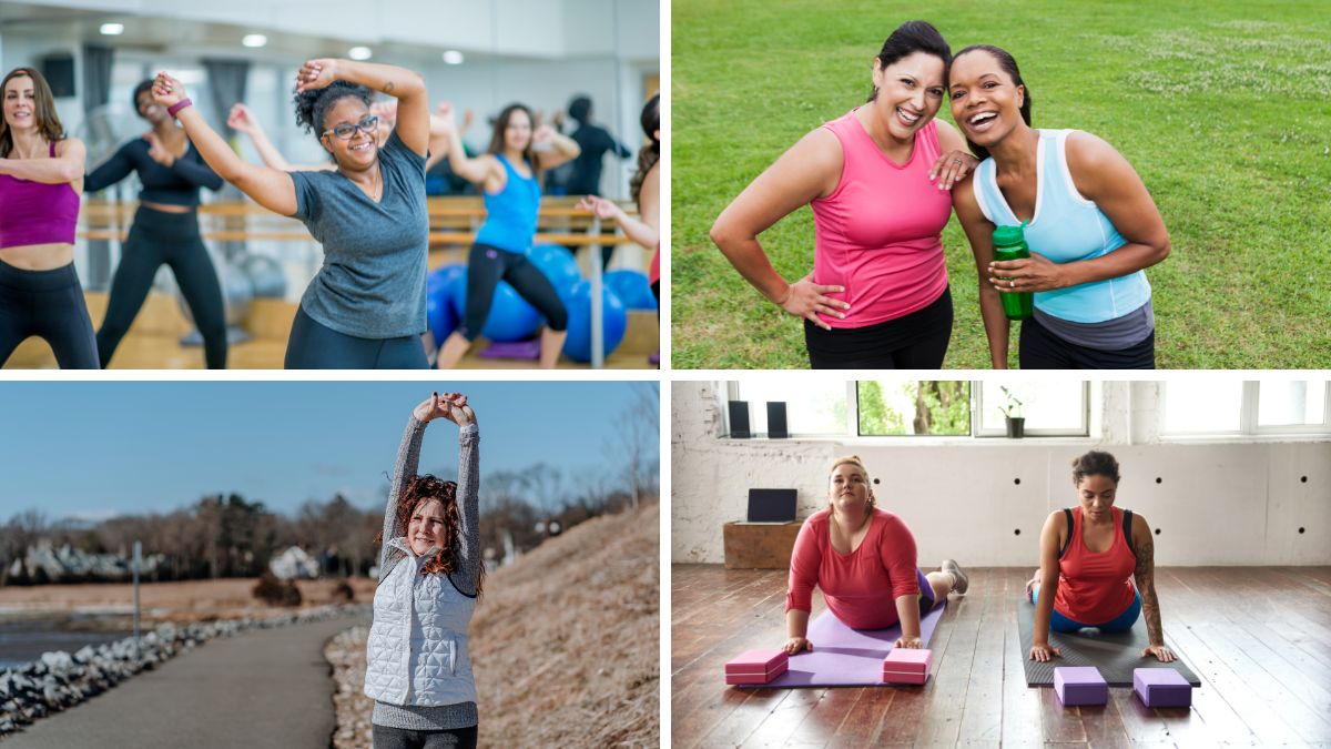 A collage of women exercising in a variety of ways - Zumba, running, yoga, walking - indoors and outdoors