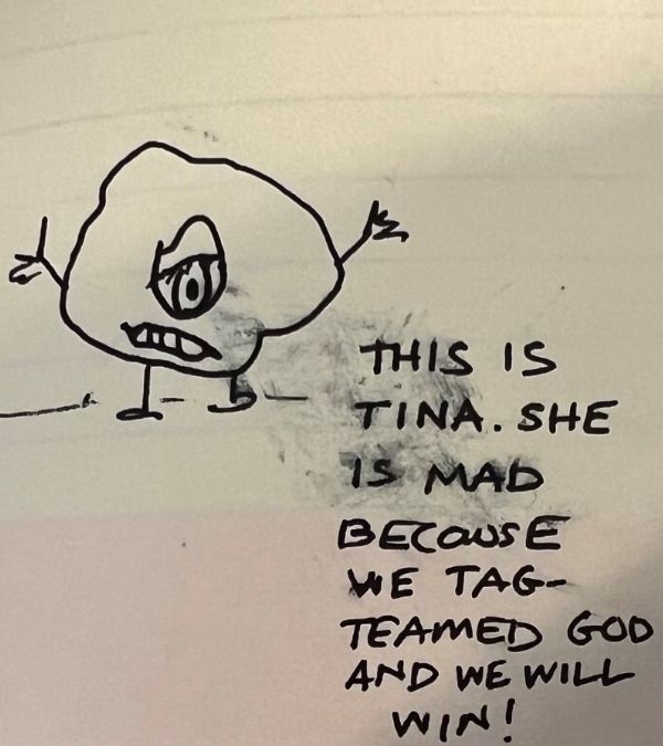 A hand-drawn note with a sketch of a funny tumor called "Tina"