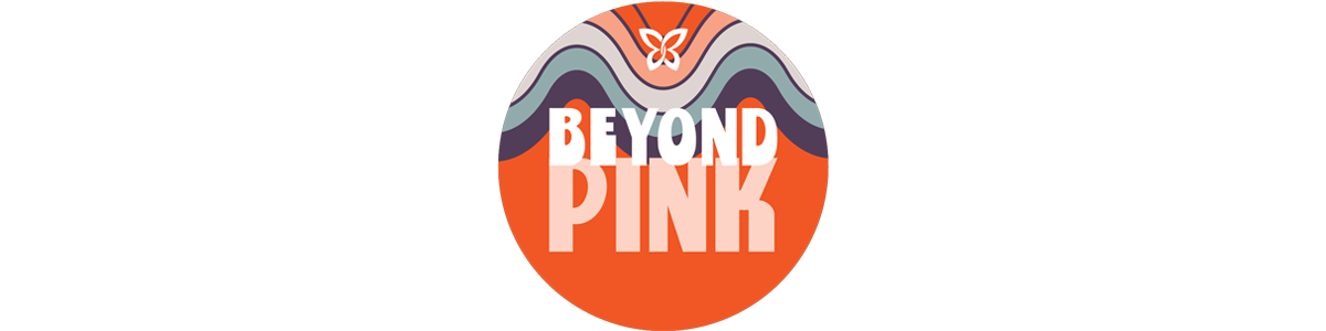 A round orange circle with a multicolored wave at the top. The LBBC butterfly and the words "Beyond Pink" are written.
