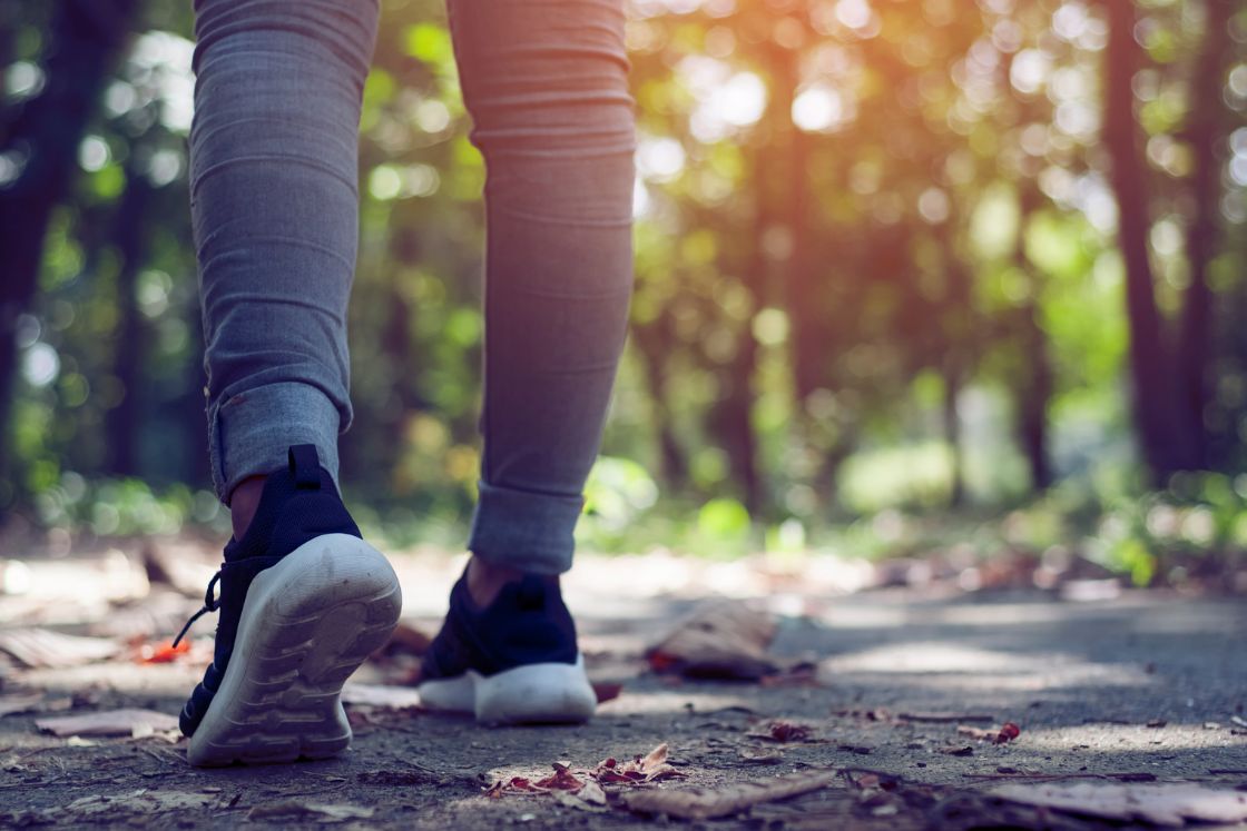 A closeup of a woman's legs in sneakers as she walks a paved path near a natural setting