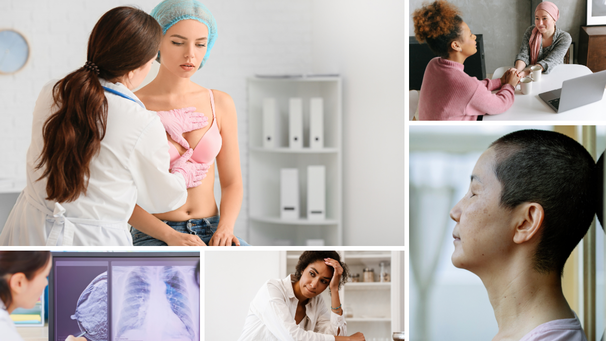 A collage of women at the doctor's office, an Asian woman leaning against a wall, a doctor looking pensive, and a chest x-ray.