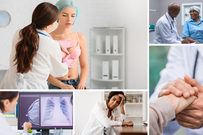 A collage of women at the doctor's office, a hand being held, a doctor looking pensive, and a chest x-ray.