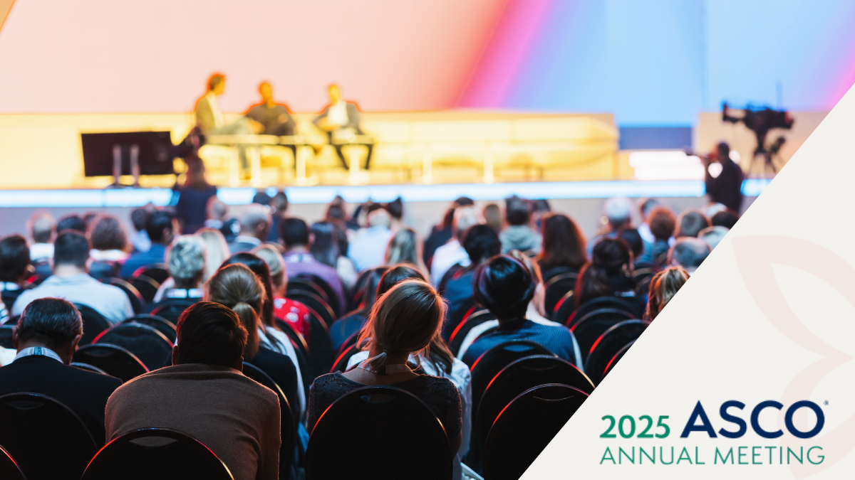 A crowd of people in seats, looking toward a stage. The overlay reads, "2025 ASCO Annual Meeting."