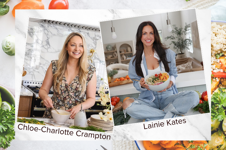 In one image, Chloe-Charlotte Crampton is in the kitchen smiling while mixing food in a bowl. In the second image, Lainie Kates is sitting criss crossed on the kitchen counter, smiling, holding a bowl of veggies.