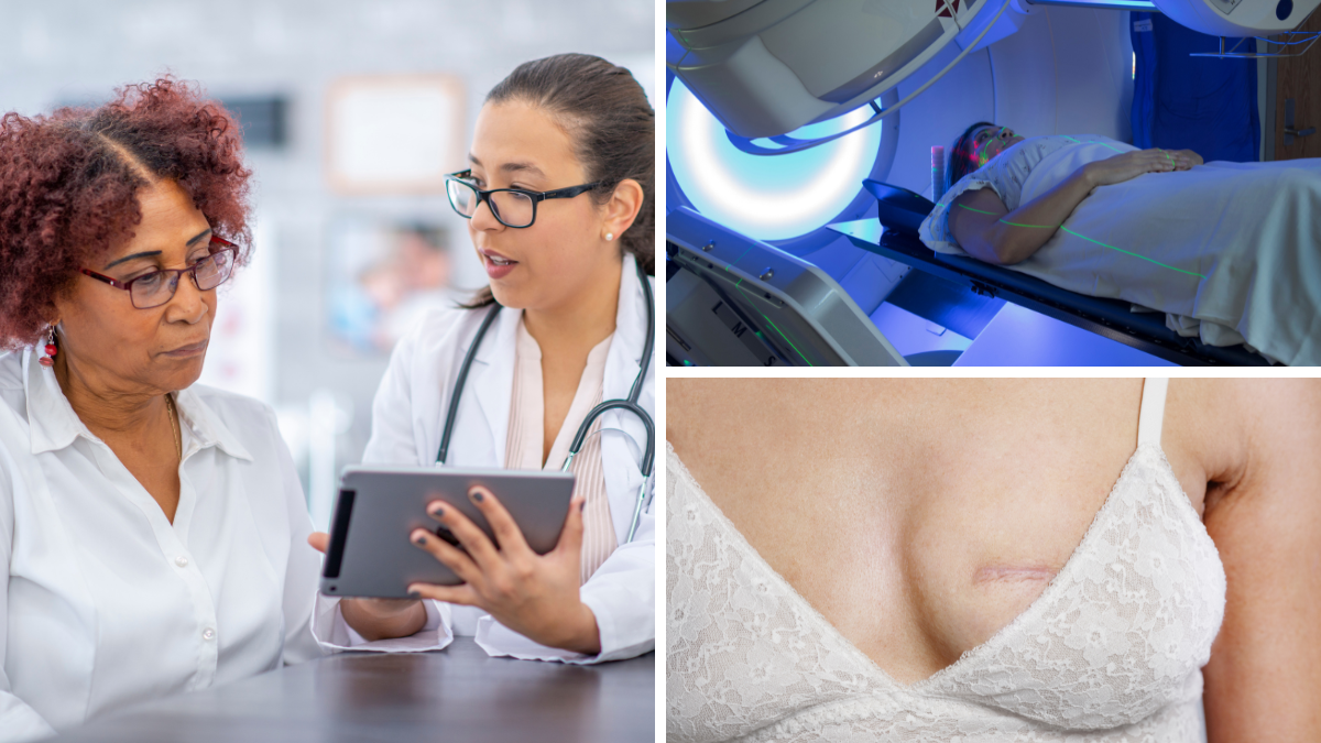 A collage of two Black doctors talking, a white woman in an MRI machine, and a white woman's breast surgery scar.