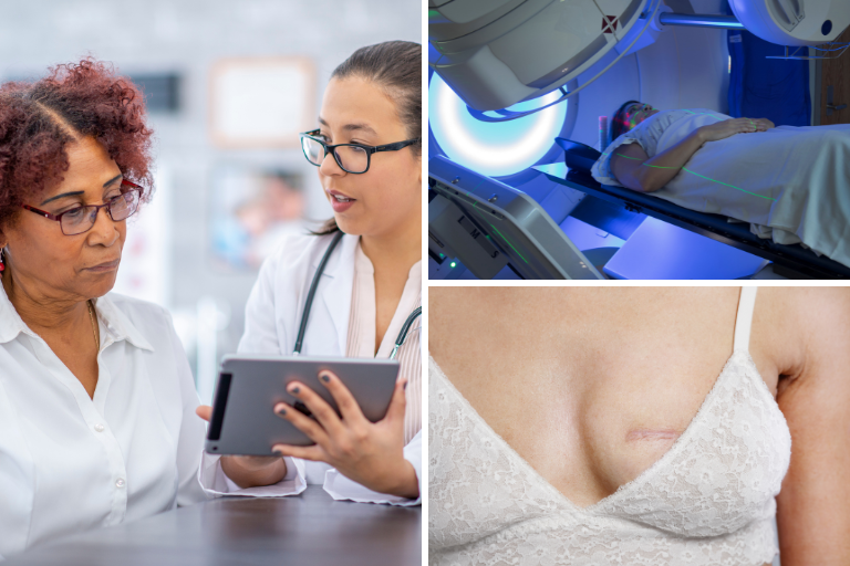 A collage of two Black doctors talking, a white woman in an MRI machine, and a white woman's breast surgery scar.