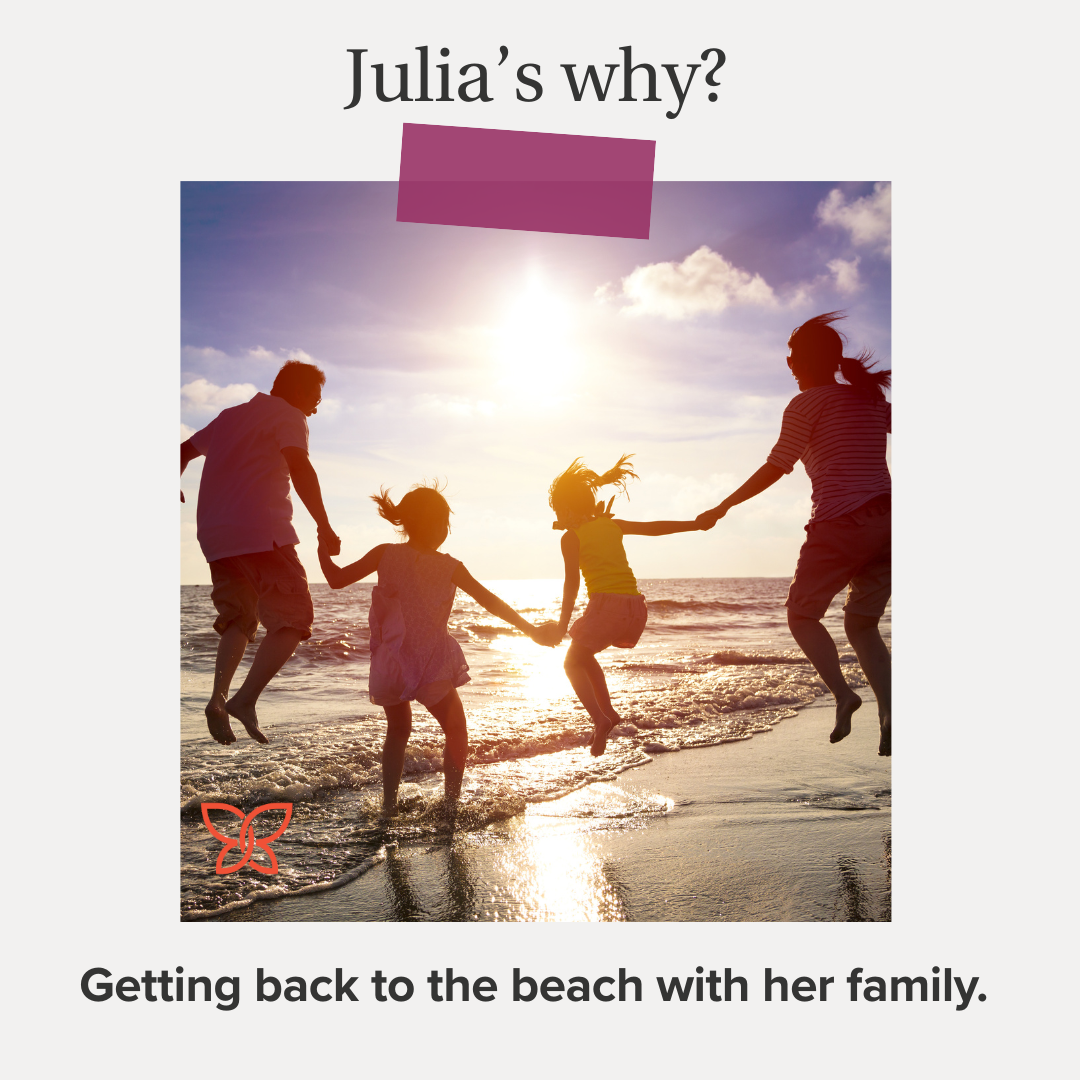 Julia's why? Getting back to the beach with her family.