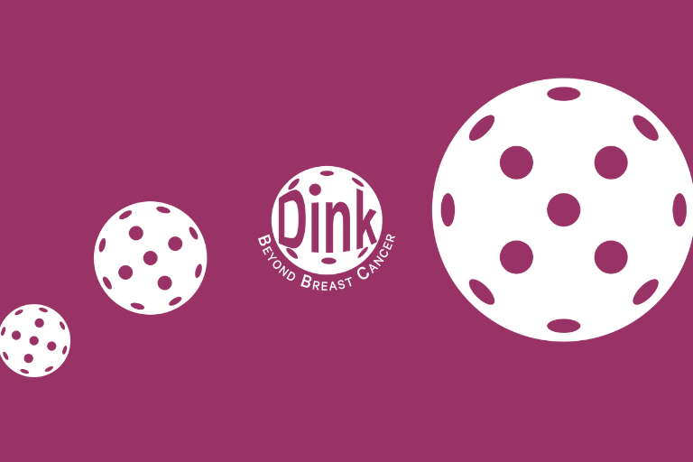 Purple graphic with white pickleballs reading "DINK beyond breast cancer"