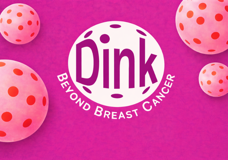 Pink/purple graphic with pickleballs that reads "Dink beyond breast cancer"