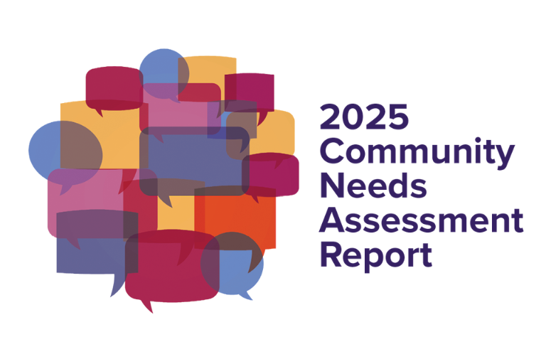 A graphic with purple, orange, yellow, and blue text bubbles. The text beside it reads, "2025 Community needs assessment report"