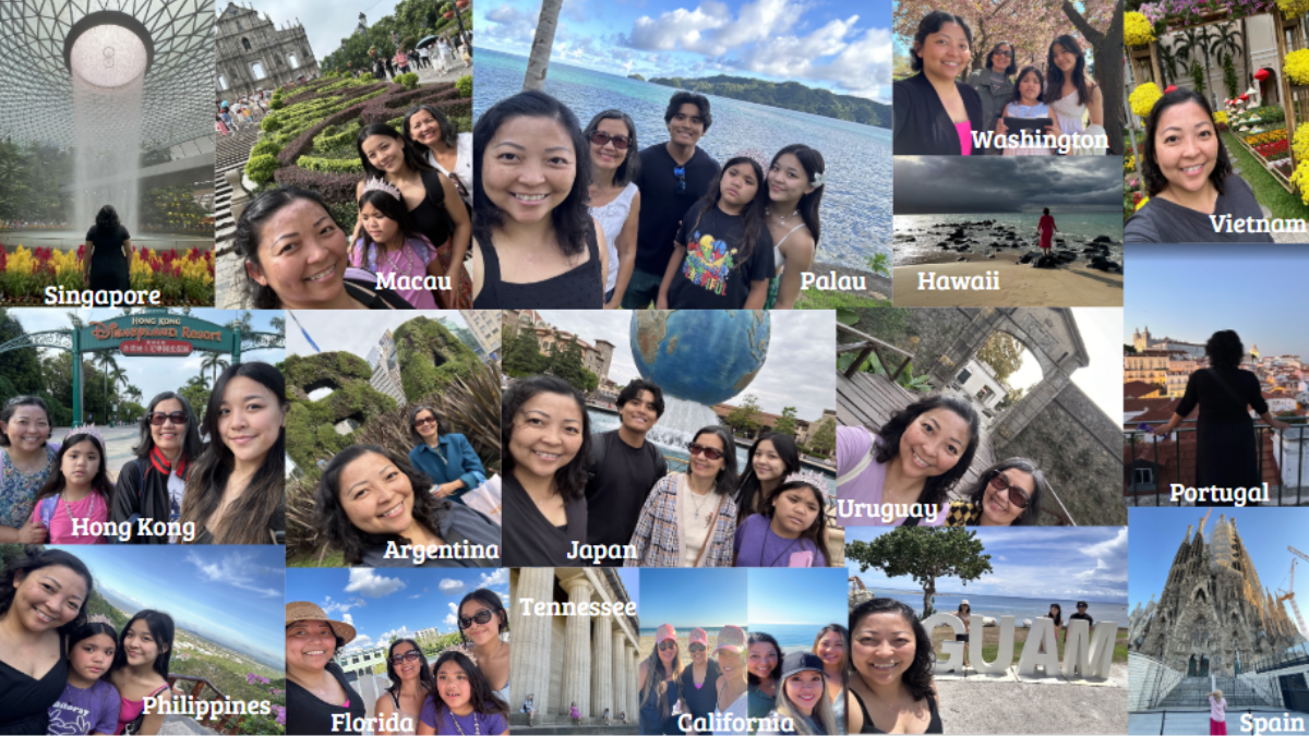 A collage of an Asian family on vacation in different locations all over the world