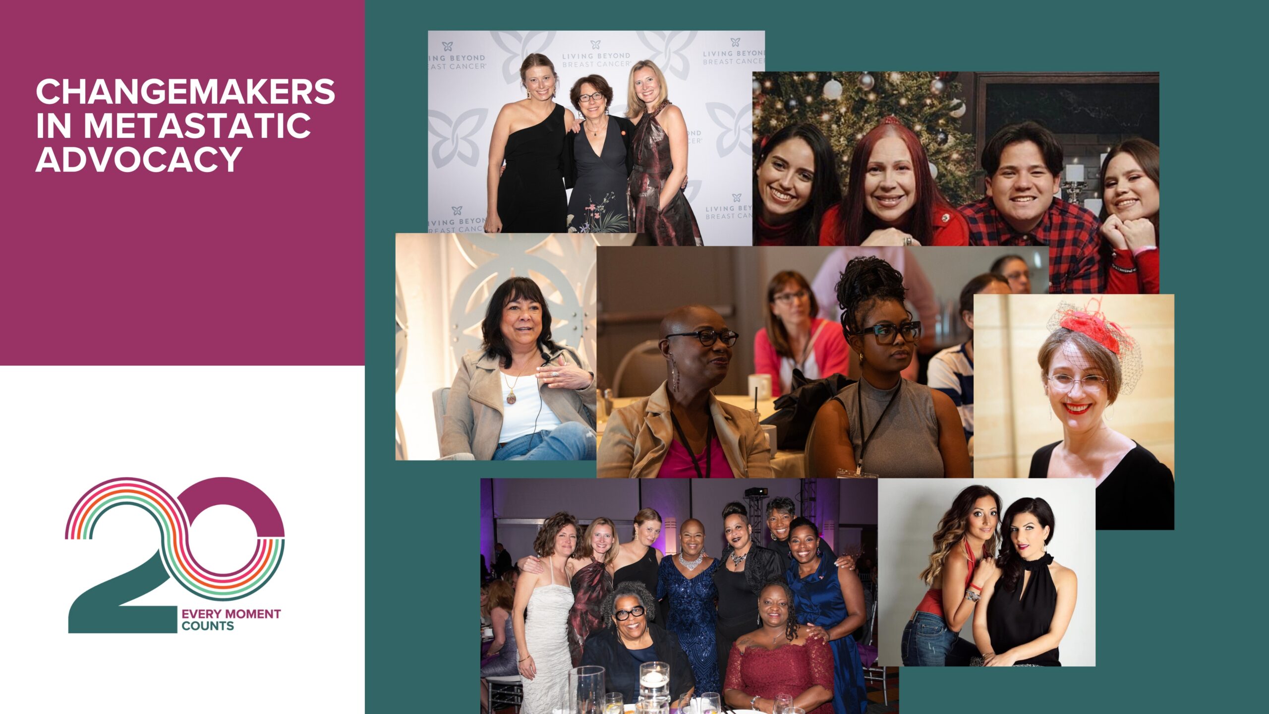 Diverse collage of photos of metastatic breast cancer advocates. It reads "Changemakers in metastatic advocacy" with LBBC's 20th conference anniversary logo.