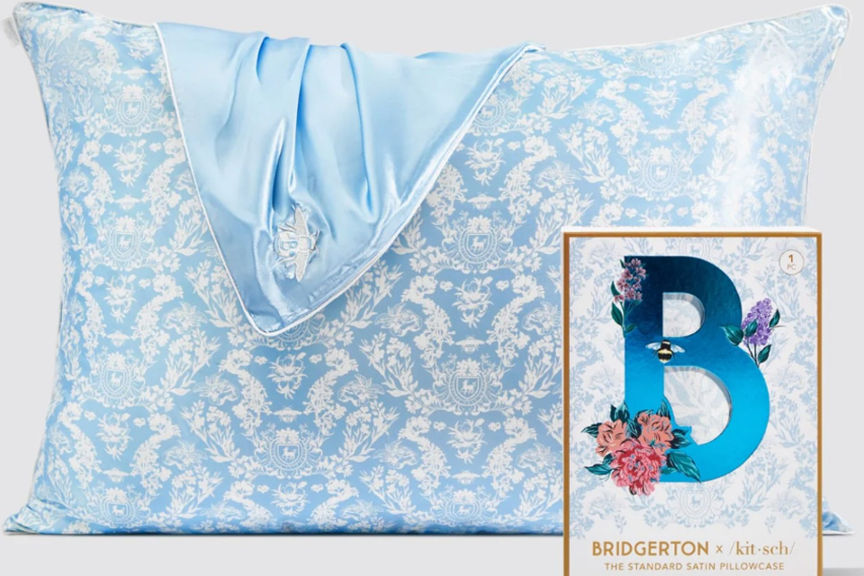 A blue patterned satin pillowcase in the theme of Bridgerton