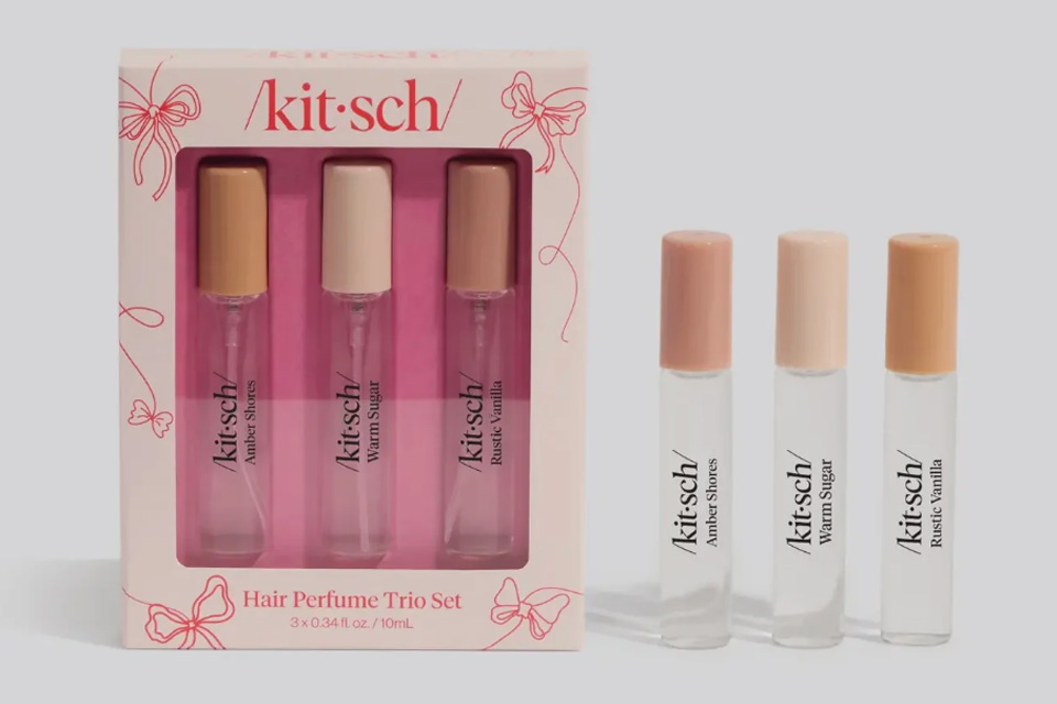Kit-sch hair perfume trio set. Scents are labeled, 