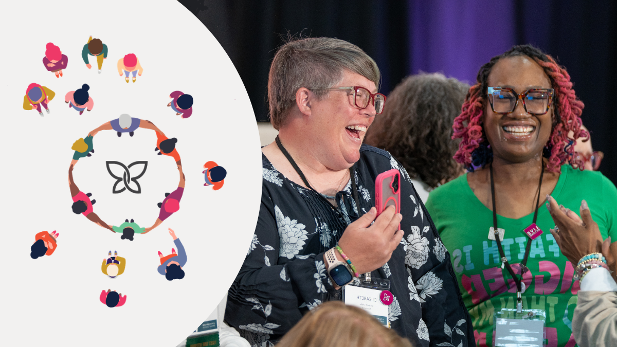 A white woman and a Black woman laughing while at an LBBC conference. An illustration of diverse women gathering in a circle together, surrounding the LBBC logo.