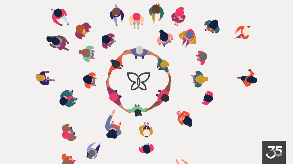 An illustration of diverse women gathering in a circle together, surrounding the LBBC logo. There is logo in the corner that read "35 years. Every year counts"