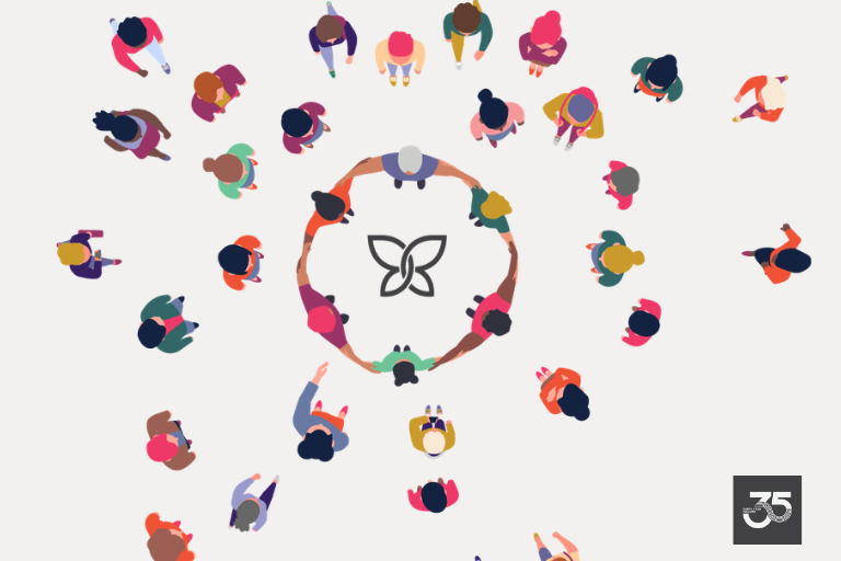 An illustration of diverse women gathering in a circle together, surrounding the LBBC logo. There is logo in the corner that read "35 years. Every year counts"