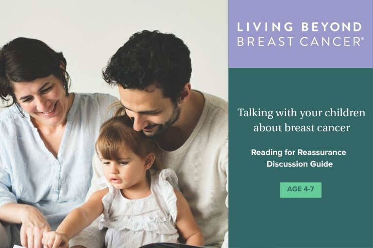 An image of two white parents reading a book to their young daughter, next to a graphic that reads "Talking with your children about breast cancer. Reading for Reassurance Discussion Guide. Age 4-7"