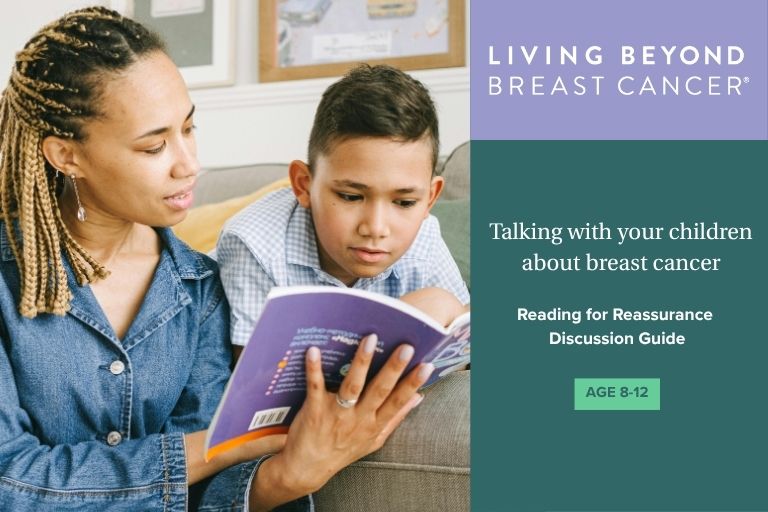 An image of Black mom reading to her son, next to a graphic that reads "Talking with your children about breast cancer. Reading for Reassurance Discussion Guide. Age 8-12"