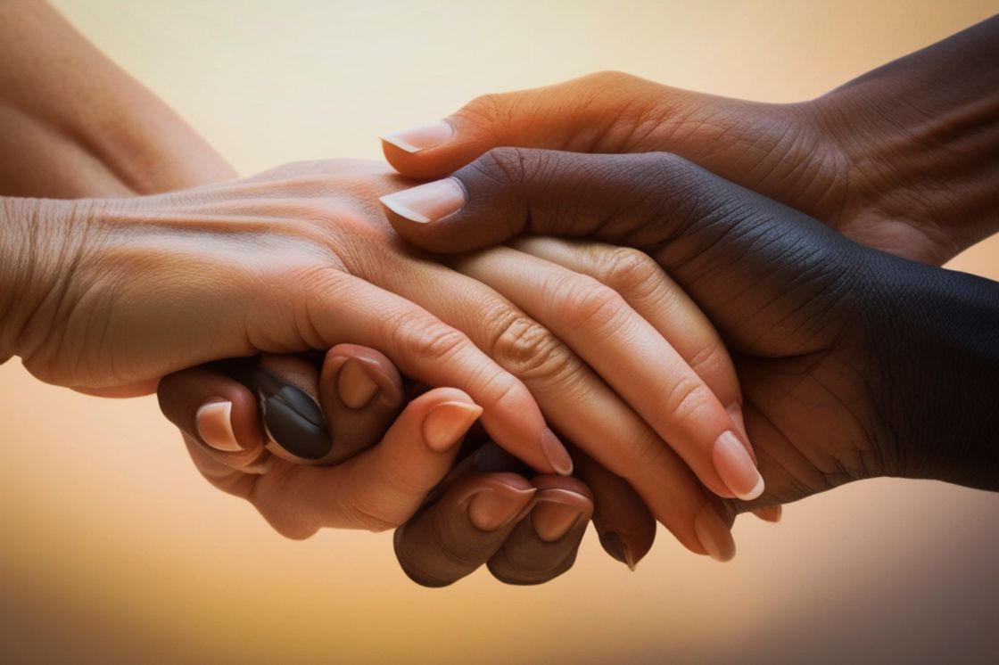 Diverse hands meet in a caring hold.