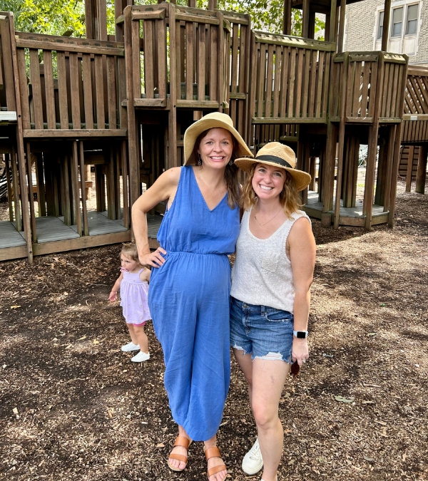 Kim Quick meets her "breast cancer twin," Sarah at a playground.