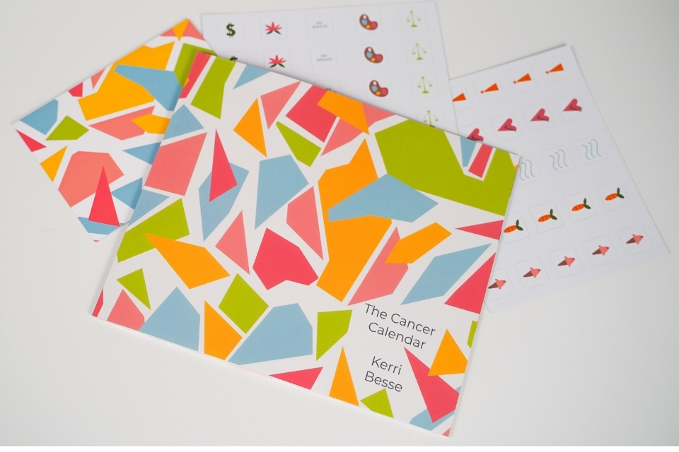 The cover of The Cancer Calendar by Kerri Besse. It's a green, blue, orange, and pink fractured glass pattern