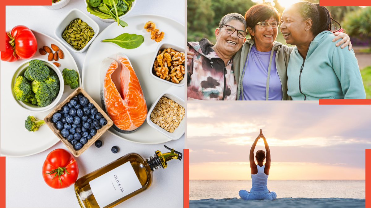 A collage of images featuring healthy foods, a group of smiling midlife women, and a woman doing yoga in front of a sunset.