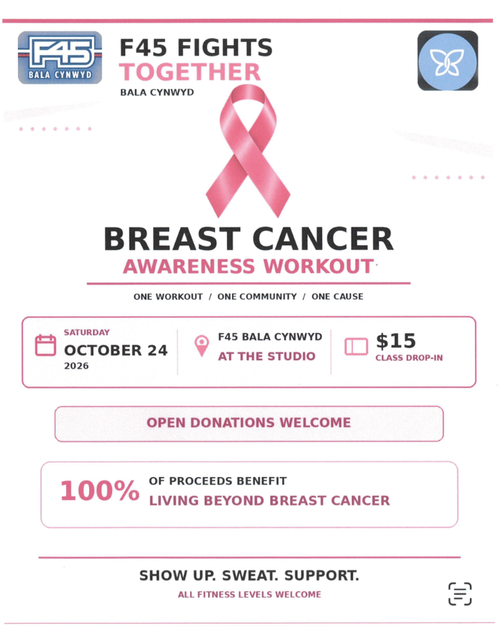 A Flyer encouraging people to take an F45 class to raise money for breast cancer awareness