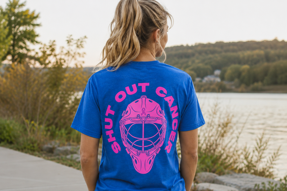 A blue t-shirt that reads,