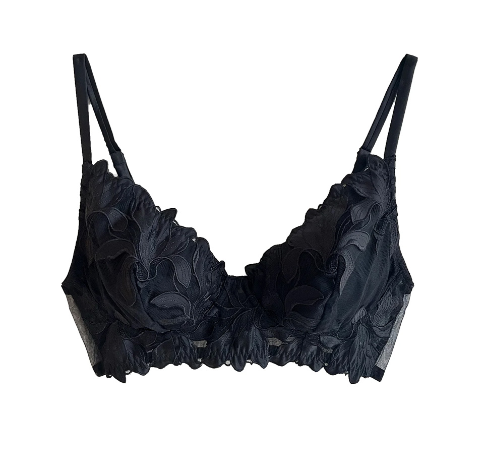 The inside of a black lace lingerie mastectomy bra